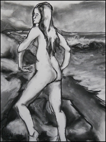 nude woman beach charcoal drawing